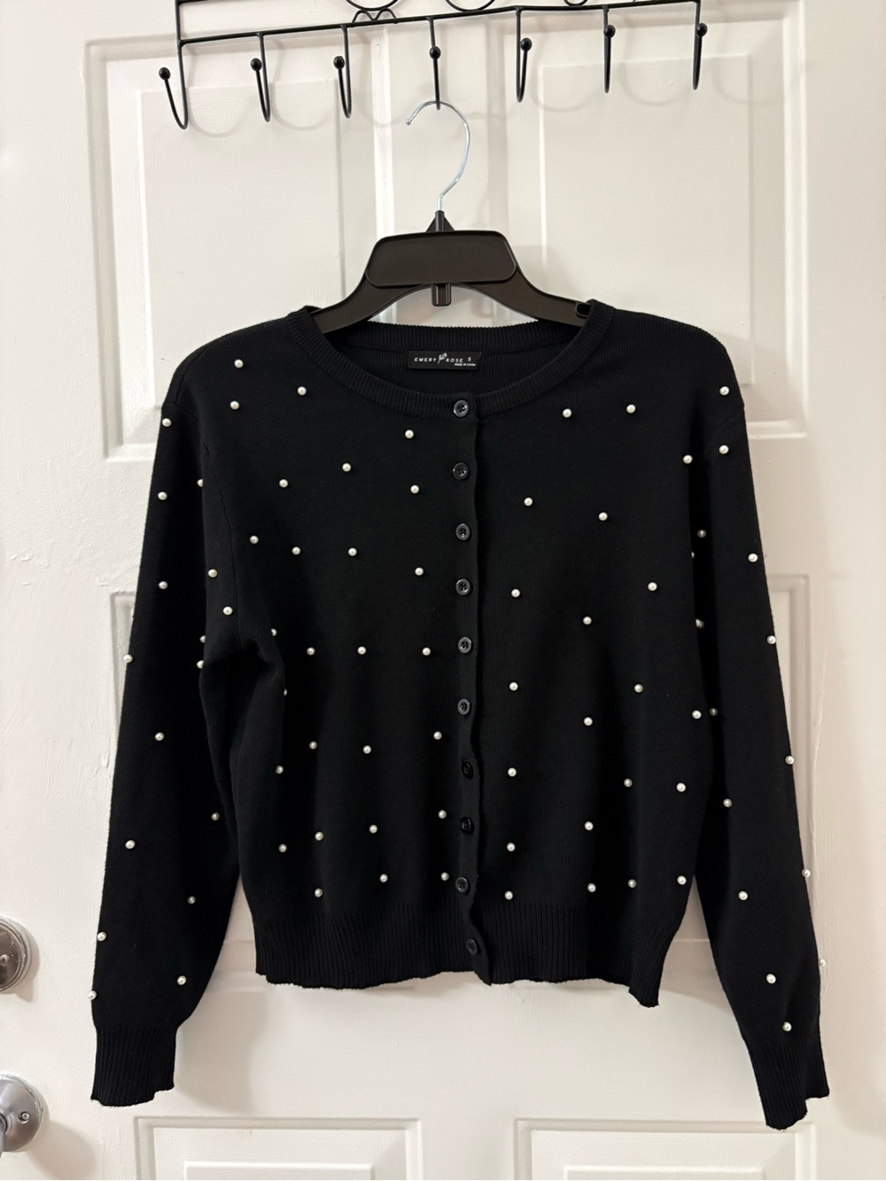 Pearl-Embellished Black Crewneck Cardigan Sweater